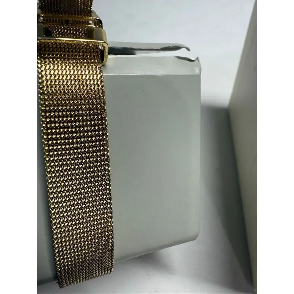 A New Day Women's Gold Quartz Watch Mesh Metal Band New Battery Faux Wood Trim